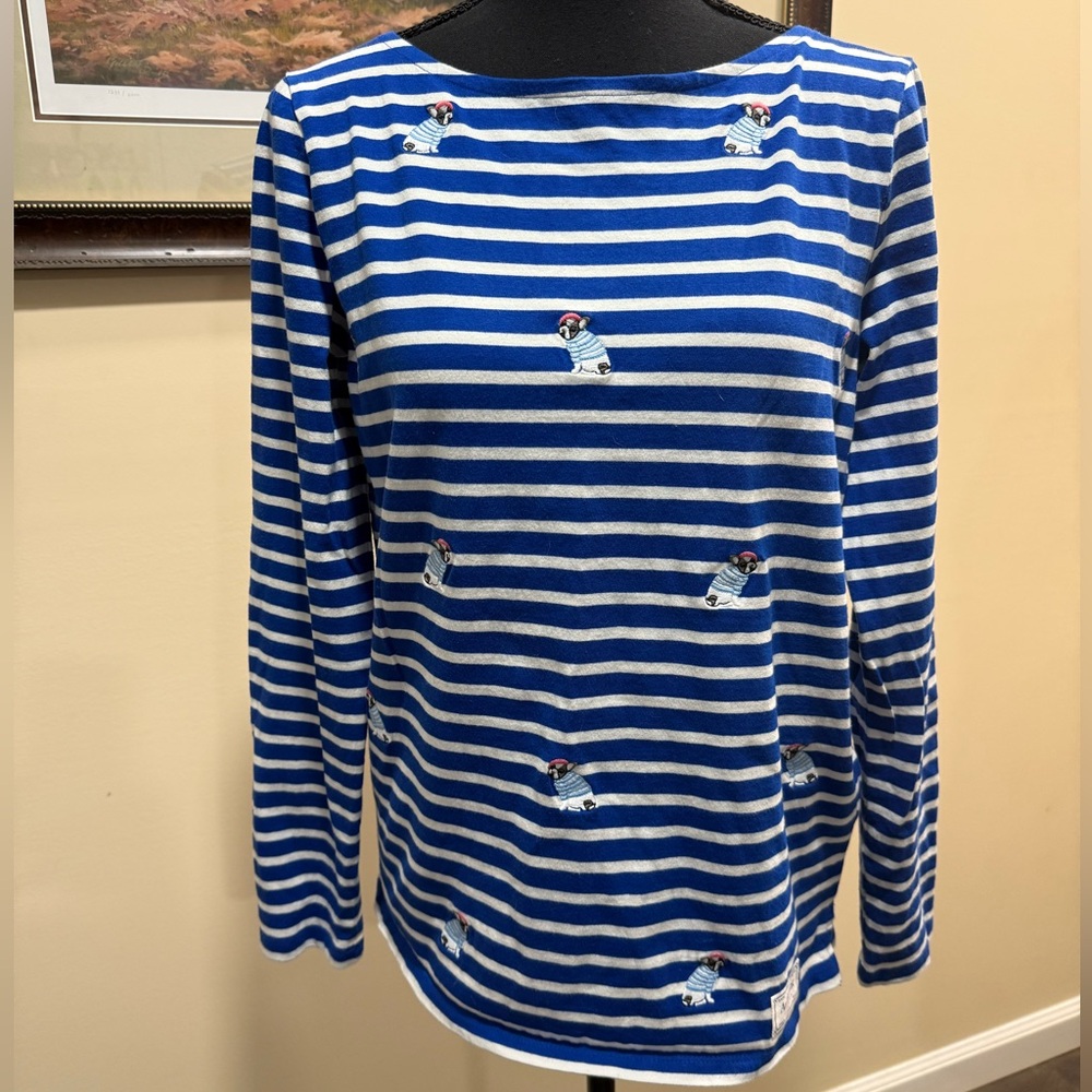 Authentic Talbots Tee- Embroidered Frenchies Blue &White Striped Long Sleeve Top